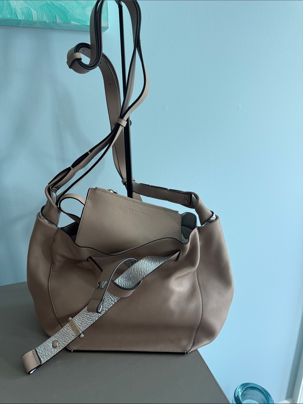 Stuart Weitzman Beige Twist Crossbody With Zip Pouch